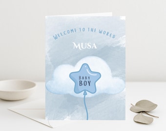 Tarjeta de bebé niño islámica/musulmana recién nacida/recuerdo con nombre personalizado