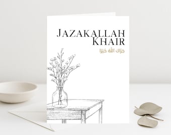 Tarjeta Jazakallah Khair, diseño árabe, saludo islámico de agradecimiento