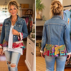 Upcycled Denim Jacket with Kantha Patchwork & Lace Trim | Boho Festival Style Women’s