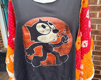 Felix the Cat Boho Poncho | Vintage Cartoon Tunic | Upcycled Retro Hippie Top | One-of-a-Kind Wearable Art | Bohemian Statement Shirt/OS