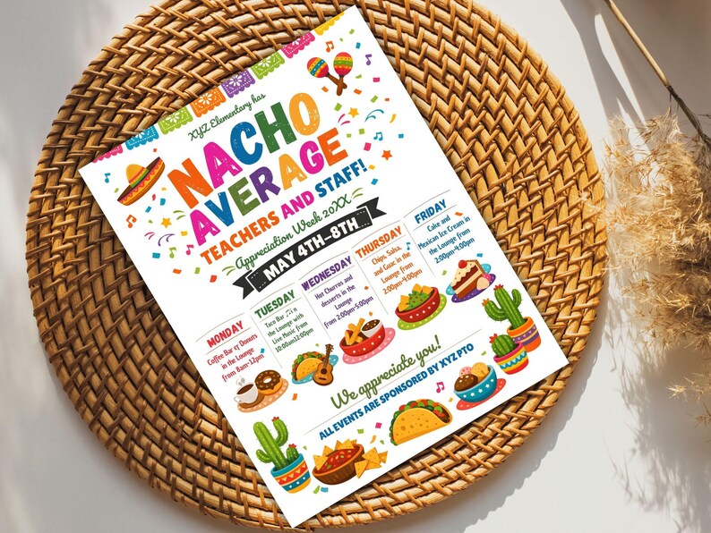 Nacho Average Teacher Appreciation Day Fiesta Itinerary Flyer (canva ...