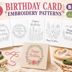 誕生日カードの刺繍パターン（PDF）、印刷可能な手刺繍カード、DIYステッチカードテンプレート、折りたたみ式グリーティングカード、即時ダウンロード