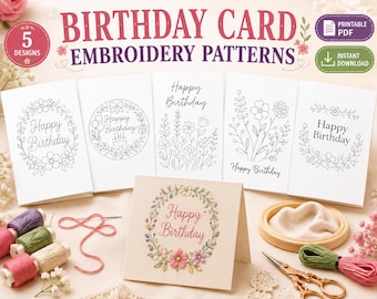 Birthday Card Embroidery Patterns PDF, Printable Hand Embroidery Card , DIY Stitch Card Template, Foldable Greeting Card, Instant Download