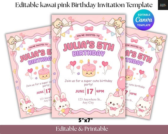 Kawaii Pink Birthday Invitation Template | Pink Birthday Invite | Kawaii Invitation | Canva Birthday Template | Instant Download