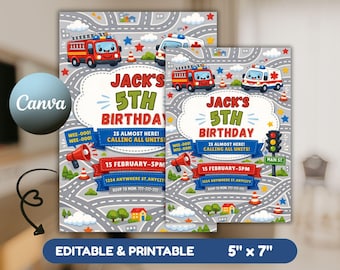 First Responders Birthday Invitation, Fire Truck, Ambulance, Police Party (Editable Canva, 5x7 Digital PDF