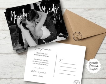 Wedding Photo Thank You Card Template, Editable Canva Newlywed Postcard, Vintage Wedding Thank You Card, Printable Wedding Photo Card