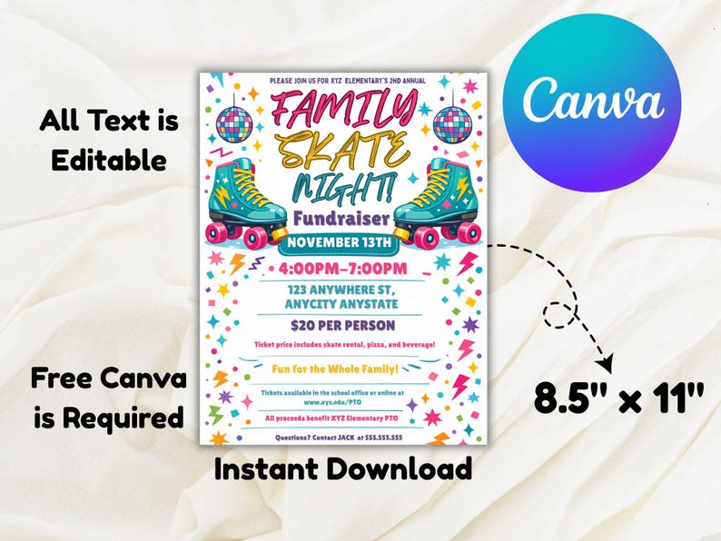 Editable Family Skate Night Flyer Template: Roller Skating Fundraiser (Canva, Digital Download) Family Skate Night Flyer: Retro Neon Canva Template, Colorful Roller Skating Event Let's Roll Roller Skate Birthday Party Invitation Template, ANY AGE Daisy Birthday Invite Retro Roller Rainbow Girl Birthday Skate Party Ava Editable Family Skate Night Flyer: Roller Skating Fundraiser (Instant Download)