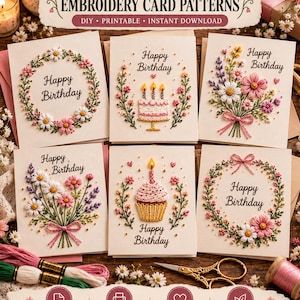 Può includere: Sei biglietti d'auguri color bianco sporco con disegni di compleanno ricamati, tra cui ghirlande floreali, una torta di compleanno, un cupcake e bouquet di fiori. Ogni biglietto riporta la scritta Happy Birthday in corsivo nero.