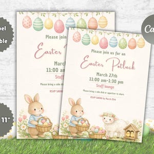 Puede incluir: Dos invitaciones con temática de Pascua con ilustraciones de acuarela. Una dice "Pascua" y la otra "Potluck de Pascua". Cada una presenta conejitos, huevos y el texto "Únase a nosotros para..." Las invitaciones miden 21,6 cm x 27,9 cm.