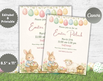 Easter Potluck Invitation Template, Bunny & Lamb Design (Canva Editable, 8.5x11) (Digital Download)