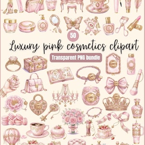 Luxe roze cosmetica clipart PNG, roze meisjesachtige cosmetica clipart PNG, bundel van 50 transparante PNG's, cosmetica clipart set, P Louise PNG's