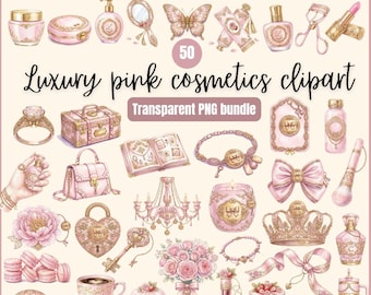 Luxury Pink Cosmetics Clipart PNG, Pink Girly Cosmetics Clipart PNG, 50 Transparent PNG Bundle, Cosmetics Clipart Set, P Louise PNGs