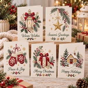 Könnte beinhalten: Fünf cremefarbene Grußkarten mit gestickten Weihnachtsmotiven. Die Karten zeigen eine Laterne mit 'Warm Wishes', einen Stern mit 'Season's Greetings', Fäustlinge mit 'Peace & Joy', ein Geschenk mit 'Merry Christmas' und ein Haus mit 'Happy Holidays'.