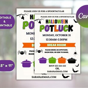 Halloween Potluck Einladung Vorlage: Bearbeitbarer Canva Flyer für Office Party und Coworker Gathering