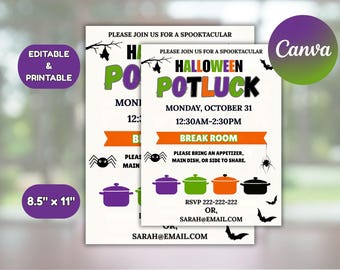 Halloween Potluck Invitation Template: Editable Canva Flyer for Office Party and Coworker Gathering