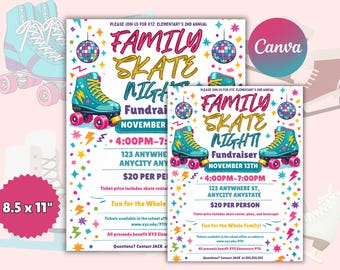 Family Skate Night Flyer Template: Roller Skating Fundraiser (Canva, Digital Download)