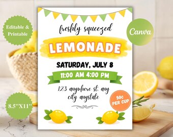 Lemonade Stand Flyer Template, Printable Sign (Canva)
