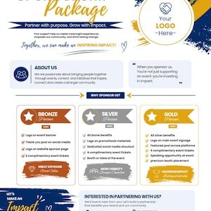 May include: A sponsorship package flyer featuring a navy blue and gold colour scheme. The document outlines three partnership tiers: Bronze, Silver, and Gold, detailing specific benefits for each level, including event tickets and logo placement.