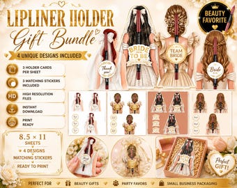 Lipliner Holder Gift Bundle | Printable Beauty Favor Cards & Stickers | 4 Designs Included | 8.5x11 Print Ready Template | Digital Download