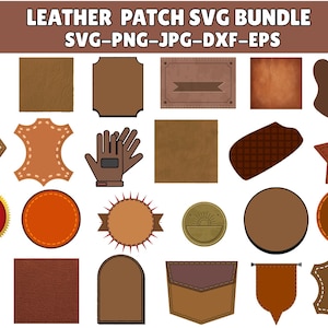 May include: A collection of brown leather patches in various shapes, including squares, circles, and a star. The image also includes a baseball glove illustration and the text "LEATHER PATCH SVG BUNDLE".