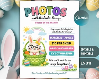 Photos with the Easter Bunny Flyer Template PTO Easter School Fundraising Flyer PTA Spring Easter Markets Flyer Easter Egg Hunt Canva Edit