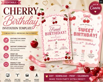 Kirsche Geburtstagseinladung Vorlage, Kirsche Party einladen, Süße Geburtstagseinladung, Süßer Kokette Geburtstag einladen, Canva Bearbeitbar
