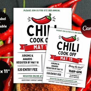 Puede incluir: Dos folletos blancos para un evento Chili Cook Off, con un gráfico de pimiento rojo. Los folletos miden 21,6 cm x 27,9 cm e incluyen detalles del evento, fecha, hora e información de registro. El fondo está lleno de pimientos rojos.