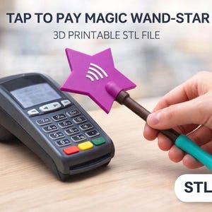 May include: A purple star-shaped wand with a white contactless payment symbol, attached to a brown handle with a teal end, positioned near a grey payment terminal. Text reads: TAP TO PAY MAGIC WAND-STAR 3D PRINTABLE STL FILE.