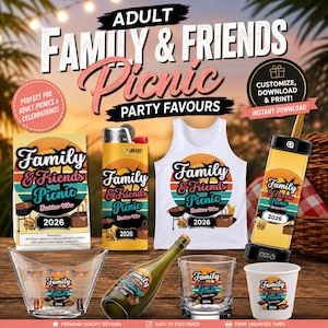 Adult Family & Friends Picnic Party Favors Bundle | Hookah Pen Labels | Lighter, Party Bucket, T Shirt, Cigar Labels | Styrofoam Cup
