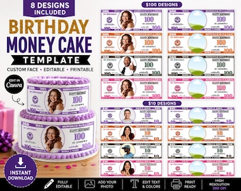 Birthday Dollar Cake Template, Printable Money Cake, Custom Face, Birthday Dollar Bill, Edible Image, Canva Editable, Instant Download