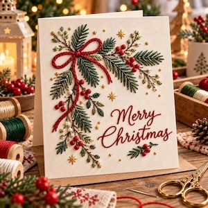 Op de afbeelding: Een crèmekleurige wenskaart met ingewikkeld borduurwerk van groene dennentakken, rode bessen en een rode strik. De tekst Merry Christmas is in rood garen rechtsonder geborduurd. Kleine gouden steraccenten zijn over de kaart verspreid.