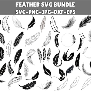 May include: A collection of feather designs in various styles, including solid black, detailed line art, and grayscale shading. The image includes the text "FEATHER SVG BUNDLE" and file type information.