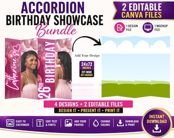 Accordion Birthday Showcase Display Template | Birthday Backdrop Mockup Showcase | Canva Editable Banner Stand |  24x72 Display | Event Sign
