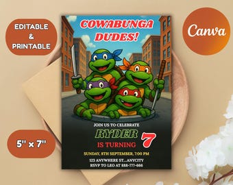 Ninja Turtle Birthday Invitation, Kids Party, Canva Template (Digital Download)