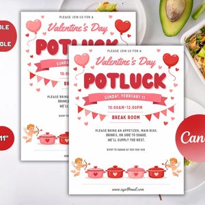 Może przedstawiać: Dwa zaproszenia na walentynkowy potluck. Projekt zawiera różowe balony w kształcie serca, banery i cherubiny z łukami i strzałami. Zaproszenia mają wymiary 21,6 cm x 27,9 cm i podają datę, godzinę i miejsce.