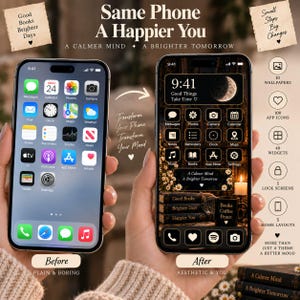 May include: Two smartphones displaying a before and after comparison of a digital interface. The left screen shows standard colorful app icons. The right screen features a dark, cohesive theme with custom icons, widgets, and text overlays.