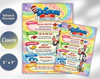 Dr. Seuss Template, Editable Read Across America, Dr. Seuss Spirit Week Template Flyer,School Reading Flyer,Digital Canva Template