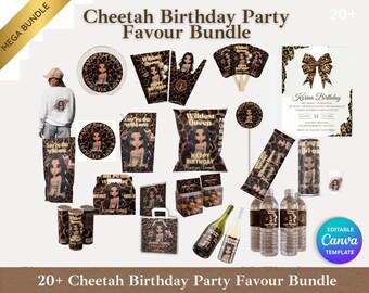 Cheetah Birthday Templates Bundle, Birthday Party Decor, Wildest Queen Theme Cheetah Print Chip Bag Styrofoam Cup Sticker Templates Backdrop