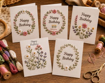 Paper Embroidery Patterns Birthday Card, Stitched Card Patterns, Embroidered Card Patterns, Hand Embroidered Birthday Card Stitched Patterns