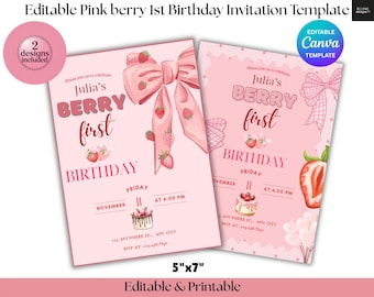 Pink Beere 1. Geburtstag Einladung Vorlage | Erster Geburtstag einladen | Beere süße Geburtstagsparty einladen | Canva Bearbeitbare Vorlage