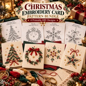 Pode incluir: Um conjunto de padrões de cartões de bordado de Natal com quatro designs imprimíveis: uma árvore, uma coroa, um floco de neve e uma estrela. O conjunto inclui quatro cartões acabados com bordados, fios em vermelho, branco e ouro, e tesouras.