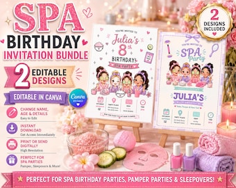 Einladung zur Spa-Geburtstagsparty für Mädchen, rosa, mit Schleife, bearbeitbare Canva-Vorlage, glamouröse Verwöhnparty