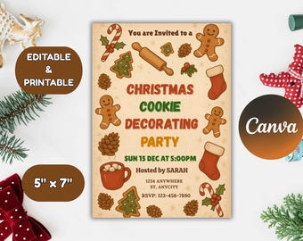 May include: A festive invitation for a Christmas Cookie Decorating Party. The design features gingerbread men, candy canes, and other holiday-themed illustrations. The invitation is 5" x 7" and includes event details and RSVP information.