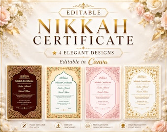 Editable Nikkah Certificate, Luxury Nikkah Certificate, Islamic Wedding Contract Template, Nikkah Nama Design Islamic Wedding Certificate
