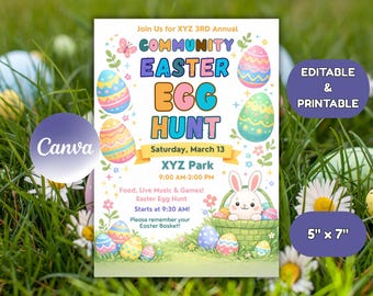Editable Community Easter Egg Hunt Printable Flyer, Neighborhood Easter Party Invite, Canva