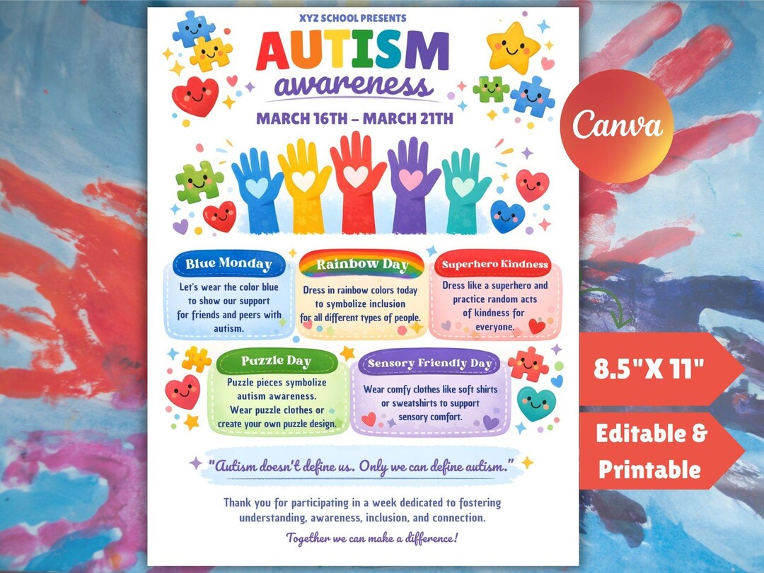 Autism Awareness Spirit Week Flyer Template: Editable School Event ...