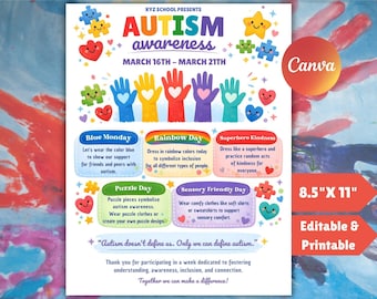 Autism Awareness Spirit Week Flyer Template: Editable School Event Planner (Canva)