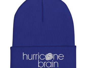 Fun Beanie for women, Skier beanie, Skater beanie,Embroidered Cuffed Beanie, "Hurricane Brain", Unisex Acrylic Hat, Winter Accessory,