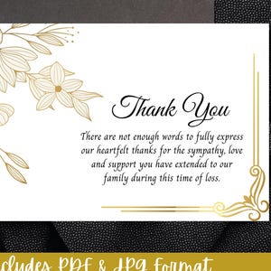 Peut inclure: Une carte de remerciement de condoléances rectangulaire blanche avec des illustrations florales en lignes dorées dans le coin supérieur gauche et une bordure décorative dorée en bas à droite. Le texte indique Thank You et un message de gratitude.
