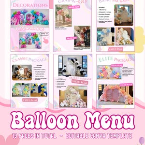 Puede incluir: Una plantilla de menú de globos digital de 19 páginas que muestra varios paquetes de decoración para eventos. El diseño muestra imágenes de arcos de globos, fondos y cilindros para pasteles con etiquetas de texto como Decorations Catalog, Basic, Classic.